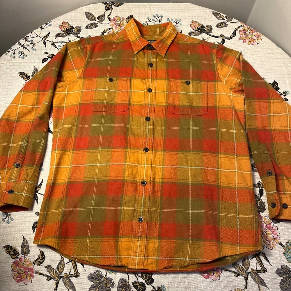 Orvis Mens Large Tall Flannel Plaid Button Shirt Orange Long Sleeve Cotton